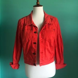 Coral denim jacket cropped urban outfitters